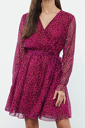 Moda Stil Regular Kruvaze Mini Boy Çiçekli Desenli Kuşaklı Dokuma Elbise