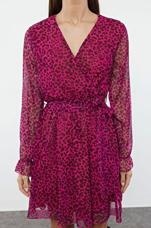 Moda Stil Regular Kruvaze Mini Boy Çiçekli Desenli Kuşaklı Dokuma Elbise