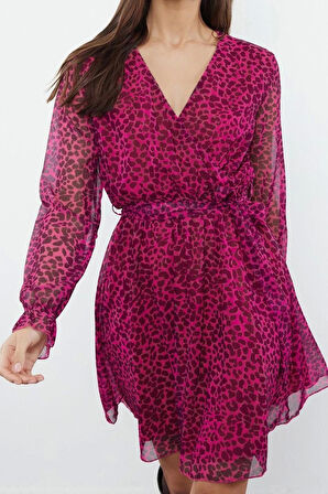 Moda Stil Regular Kruvaze Mini Boy Çiçekli Desenli Kuşaklı Dokuma Elbise