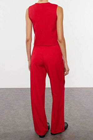 Tarz Kadın Normal Bel Geniş Paça V Yaka Regular Dokuma Yelek Wide Leg Geniş Paça Pantolon Takım