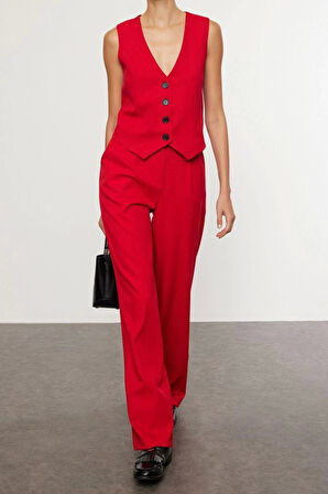 Tarz Kadın Normal Bel Geniş Paça V Yaka Regular Dokuma Yelek Wide Leg Geniş Paça Pantolon Takım