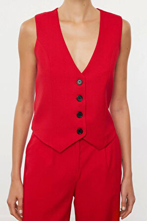 Tarz Kadın Normal Bel Geniş Paça V Yaka Regular Dokuma Yelek Wide Leg Geniş Paça Pantolon Takım