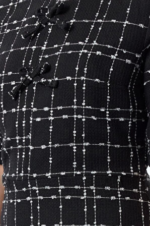 Moda Stil Regular Bisiklet Yaka Mini Boy Kareli A Kesim Fiyonk Detaylı Dokuma Tüvit Elbise
