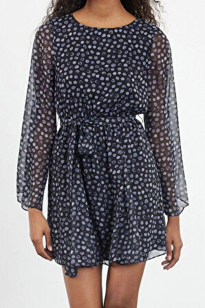 Moda Regular Mini Boy Puantiye Desenli Eteği Belden Açılan Astarlı Dokuma Şifon Kışlık Elbise