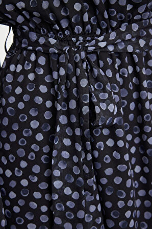 Moda Regular Mini Boy Puantiye Desenli Eteği Belden Açılan Astarlı Dokuma Şifon Kışlık Elbise