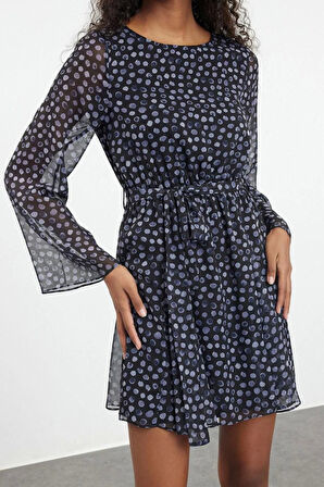 Moda Regular Mini Boy Puantiye Desenli Eteği Belden Açılan Astarlı Dokuma Şifon Kışlık Elbise