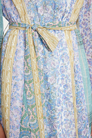 Moda Regular Mini Boy Puantiye Desenli Eteği Belden Açılan Astarlı Dokuma Şifon Kışlık Elbise