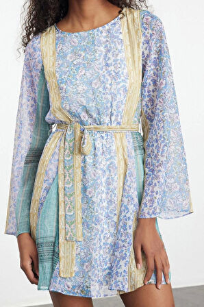 Moda Regular Mini Boy Puantiye Desenli Eteği Belden Açılan Astarlı Dokuma Şifon Kışlık Elbise