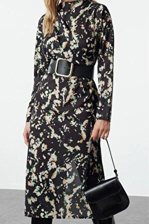 Moda Stil Regular Kruvaze Midi Boy Soyut Desenli A Kesim Degaje Yaka Dokuma Elbise