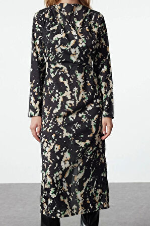 Moda Stil Regular Kruvaze Midi Boy Soyut Desenli A Kesim Degaje Yaka Dokuma Elbise