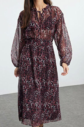 Moda Stil Regular Bisiklet Yaka Midi Boy Çiçekli Eteği Belden Açılan Astarlı Dokuma Kışlık Elbise