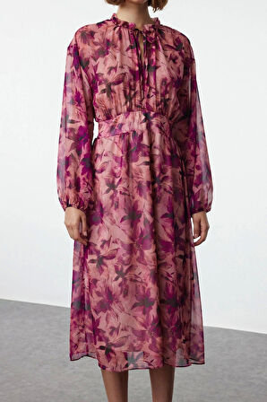 Moda Stil Regular Bisiklet Yaka Midi Boy Çiçekli Eteği Belden Açılan Astarlı Dokuma Kışlık Elbise