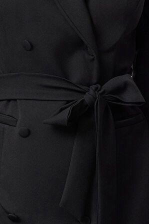 Moda Stil Regular Ceket Yaka Mini Boy Kuşaklı Şal Yaka Dokuma Ceket Elbise