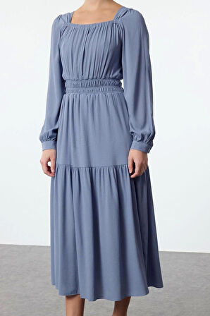 Moda Stil Regular Kare Yaka Midi Boy Eteği Belden Açılan Astarlı Dokuma Elbise
