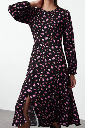 Moda Stil Regular Bisiklet Yaka Midi Boy Çiçekli Dokuma Elbise