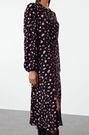 Moda Stil Regular Bisiklet Yaka Midi Boy Çiçekli Dokuma Elbise