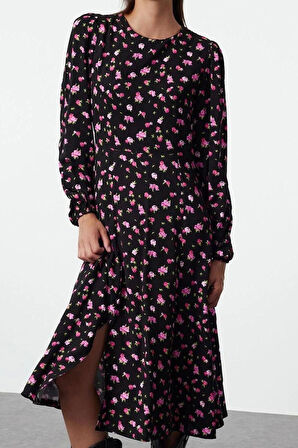 Moda Stil Regular Bisiklet Yaka Midi Boy Çiçekli Dokuma Elbise