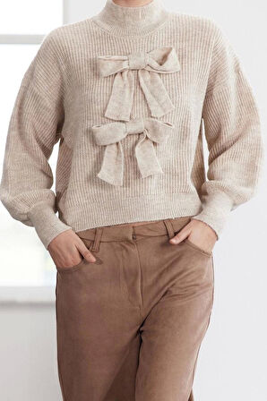 Stil Kadın Regular Standart Kol Bisiklet Yaka Geniş Kalıp Yumuşak Dokulu Kurdeleli Triko Kazak