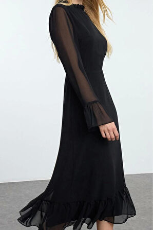 Moda Stil Regular Dik Yaka Midi Boy Desenli A Kesim Astarlı Şifon Dokuma Kışlık Elbise