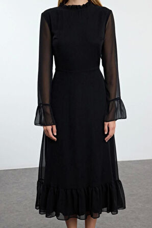 Moda Stil Regular Dik Yaka Midi Boy Desenli A Kesim Astarlı Şifon Dokuma Kışlık Elbise