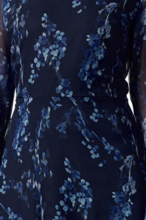 Moda Stil Regular Dik Yaka Midi Boy Desenli A Kesim Astarlı Şifon Dokuma Kışlık Elbise