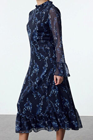 Moda Stil Regular Dik Yaka Midi Boy Desenli A Kesim Astarlı Şifon Dokuma Kışlık Elbise