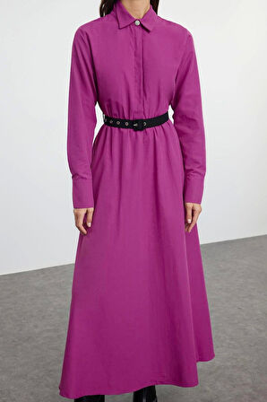 Moda Stil Regular Gömlek Yaka Uzun Tesettür Kemer Detaylı Dokuma Elbise