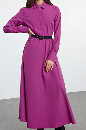 Moda Stil Regular Gömlek Yaka Uzun Tesettür Kemer Detaylı Dokuma Elbise