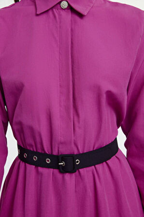 Moda Stil Regular Gömlek Yaka Uzun Tesettür Kemer Detaylı Dokuma Elbise