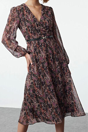 Moda Stil Regular Kruvaze Midi Boy Kemerli A Kesim Yaka Desenli Şifon Elbise Dokuma Elbise