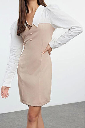 Moda Stil Fitted Gömlek Yaka Mini Boy Düz Vücudu Saran Dokuma Elbise