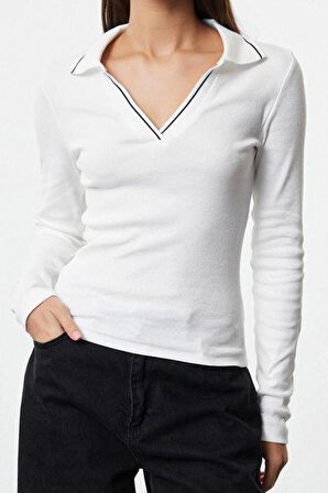 Stil Kadın Triko Yaka Detaylı Fitted Vücuda Oturan Fitilli Esnek Bluz Regular Örme Slim Kalıp