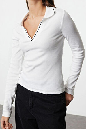 Stil Kadın Triko Yaka Detaylı Fitted Vücuda Oturan Fitilli Esnek Bluz Regular Örme Slim Kalıp