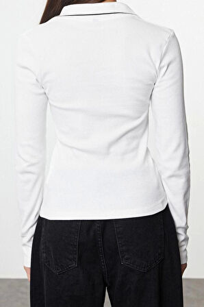 Stil Kadın Triko Yaka Detaylı Fitted Vücuda Oturan Fitilli Esnek Bluz Regular Örme Slim Kalıp