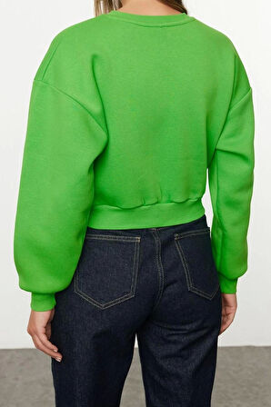 Tarz Crop Dik Yaka Düşük Kol Crop Rahat Kesim Crop Basic Kalın İçi polarlı Örme Sweatshirt
