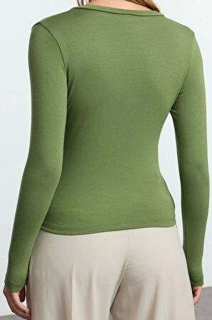 Moda V Yaka Örme Slim Düz Desen Casual Günlük Regular Uzun Kol Bluz