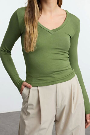 Moda V Yaka Örme Slim Düz Desen Casual Günlük Regular Uzun Kol Bluz