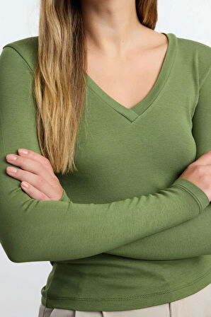 Moda V Yaka Örme Slim Düz Desen Casual Günlük Regular Uzun Kol Bluz