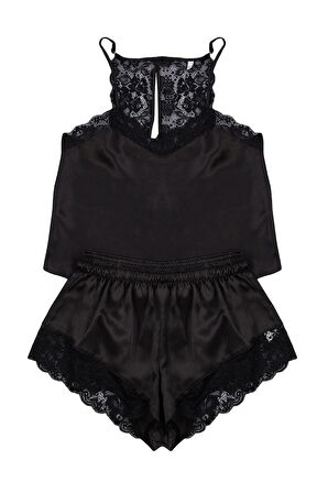 Tarz Rahat Kolsuz Kol Boru Paça Dantel Detaylı İp Saten Dokuma Pijama Takımı