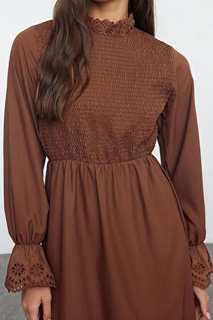 Moda Stil Regular Dik Yaka Uzun Tesettür Gipeli Dokuma Elbise