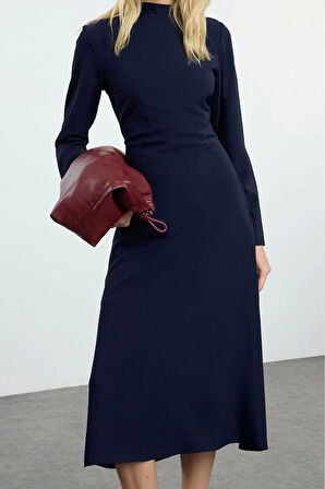 Moda Stil Regular Bisiklet Yaka Midi Boy Shift Düz Kesim Saten Dokuma Elbise