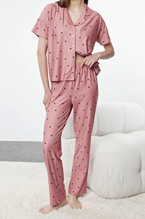 Tarz Rahat Kısa Kollu Boru Paça Kalpli Örme Pijama Takımı