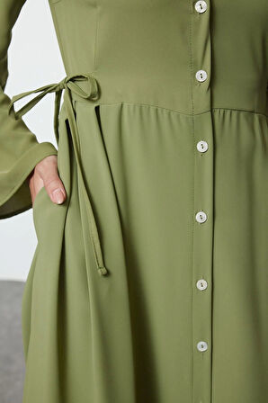 Moda Stil Regular Gömlek Yaka Uzun Tesettür Beli Bağlamalı Dokuma Elbise