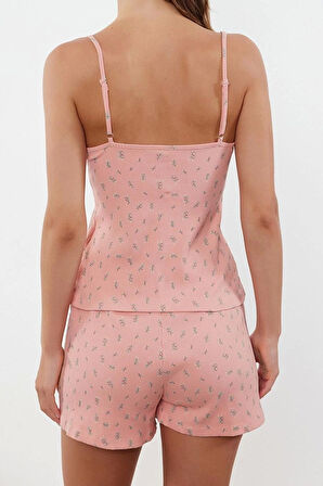 Tarz Rahat Kolsuz Kol Boru Paça Pamuklu Kalpli Dantel Detaylı İp Fitilli Örme Pijama Takımı