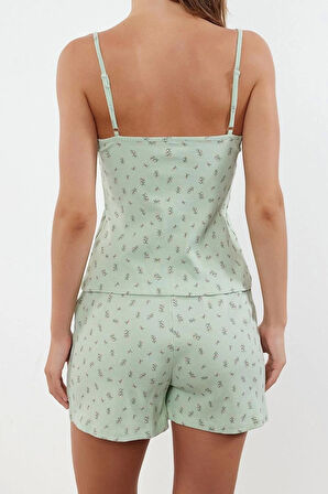 Tarz Rahat Kolsuz Kol Boru Paça Pamuklu Kalpli Dantel Detaylı İp Fitilli Örme Pijama Takımı