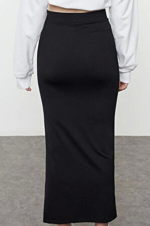 Modern Tarz Astarsız Örme Maxi Boy Poliamid Düz Yırtmaçlı Kalem Vücuda Oturan Midi Etek