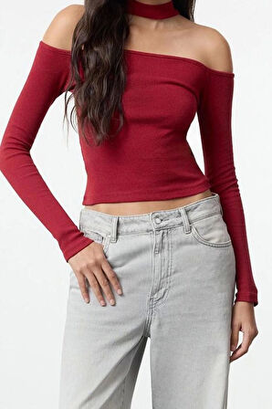 Stil Kadın Carmen Yaka Choker Detaylı Fitted Vücuda Oturan Fitilli Bluz Crop Örme Slim Kalıp