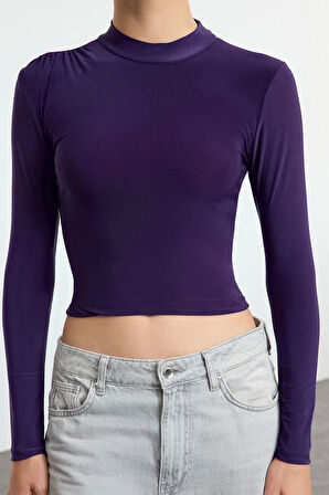 Stil Kadın Fitted Vücuda Oturan Kol Büzgülü Esnek Bluz Crop Örme Slim Kalıp