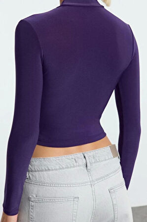 Stil Kadın Fitted Vücuda Oturan Kol Büzgülü Esnek Bluz Crop Örme Slim Kalıp