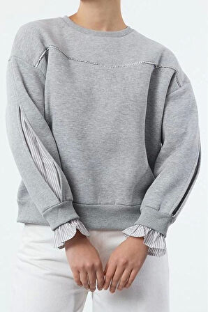 Relaxed Bisiklet Yaka Düşük Kol Dokuma Detaylı Rahat Kalıp Kalın İçi Polarlı Örme Sweatshirt